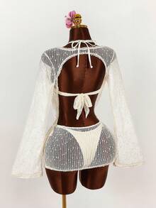 Amplova Conjunto de biquíni feminino sexy com decote profundo, 3 peças - Top, calcinha e saída de praia. - Damasco - Ver 15