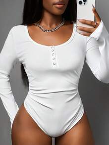Slaydiva New Spring/Summer Music Festival, Valentine's Day Casual Basic Y2K Streetwear Sexy Loungewear, Women U-Neck Half-Open Waist Ruched Fitted White Ribbed Knit Bodysuit White One Piece Bodysuit White Body Suit Sexy Bodysuit White Top Women's Gym Clothes - White - View 6