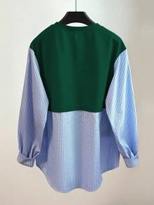 Franclia 女士条纹印花拼接圆领长袖卫衣，秋季款 - 墨綠色 - 查看 2