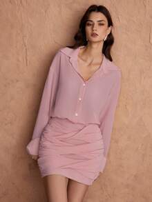 Chiquease 女士休闲/办公通勤简约纯色落肩宽松褶裥修身短款衬衫裙，春秋季