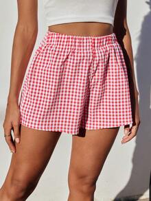 Comfortcana Women Fashionable Everyday Red Plaid Shorts