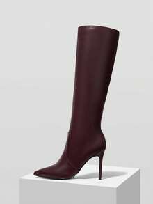 MOTF Botas altas de tacón fino y puntera puntiaguda de piel de poliuretano versátiles y elegantes para uso diario para mujeres - Burdeos - Ver 2