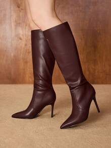 MOTF Botas altas de tacón fino y puntera puntiaguda de piel de poliuretano versátiles y elegantes para uso diario para mujeres - Burdeos - Ver 5