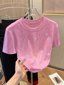 Resyla Shiny Beaded + Rhinestone Embellished Women's Regular Short Sleeve Crew Neck T-Shirt - Pink - View 4