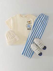 THE HAPPY LOOK 两件套男童卡通动物印花柔软针织圆领长袖套头卫衣和条纹弹力腰裤