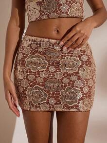 Opulessa 春夏情人节生日海滩度假优雅花卉亮片紧身迷你裙，性感时尚，春夏皆宜，情人节、嘉年华服装，优雅派对、海滩、婚礼宾客裙 - 棕色 - 查看 7