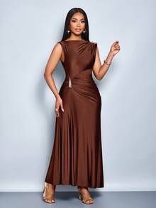 SOLERSUN Vestido elegante de mujer con decoración de metal de unicolor, ajuste delgado, adecuado para el uso diario, compras, fiestas y reuniones - Café - Ver 6