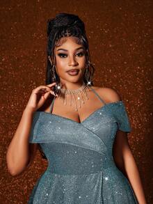 Maweii 大码无袖露肩性感开衩优雅时尚连衣裙 - 藍色 - 查看 3