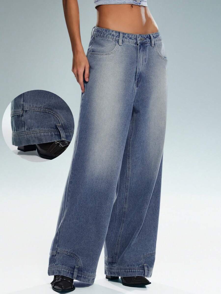 TRNVIE Calça jeans feminina de cintura baixa, corte reto, folgada, casual e versátil. - Azul - Ver 1