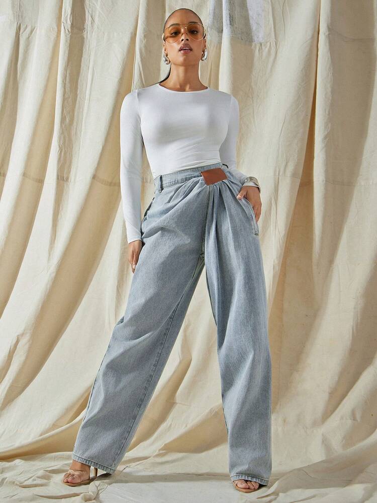 Vixey Calça Jeans de Perna Larga Versátil para Uso Casual e Trabalho com Bolsos Plissados - Lavagem Média - Visão 3