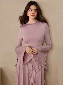 Graceveil 优雅女士纯色荷叶边下摆休闲简约长袖收腰连衣裙，粉色 - 粉色 - 查看 8