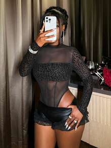 Slaydiva New Spring/Summer Music Festival Valentine's Day Casual Simple Basic Style Y2K Street Sweet Internet Celebrity Bestseller Daily Date Hot Girl Style Sexy See-Through Small Stand-Up Collar Long-Sleeved Leopard Print Patchwork Mesh Slim Fit Women's Jumpsuit Sexy Bodysuit Women Bodysuits Mesh Bodysuit Mesh Swimsuit - Black - View 5