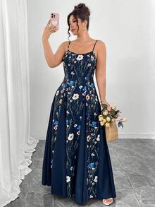 Elenzga Đầm slip dáng chữ A thắt eo, vạt bất đối xứng, cổ tròn, họa tiết hoa màu nước, cỡ lớn, thích hợp cho ngày Valentine, thanh lịch cho các buổi đi chơi, hẹn hò, tiệc tùng, trà chiều và kỳ nghỉ. - Màu xanh hải quân - Xem 1