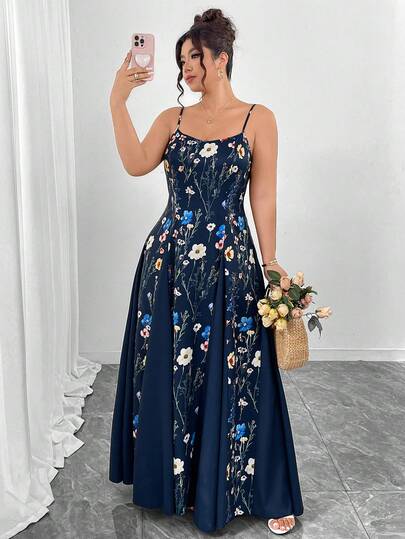 Elenzga Plus Size Watercolor Floral Print Crew Neck Waist Tie A-Line Asymmetric Hem Slip Dress, Elegant For Outings, Dates, Parties, Afternoon Tea, Vacation