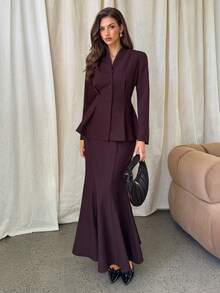 Aloruh 女士酒红色褶皱腰身长袖西装外套和铅笔裙套装，两件套 - 酒紅色 - 查看 7