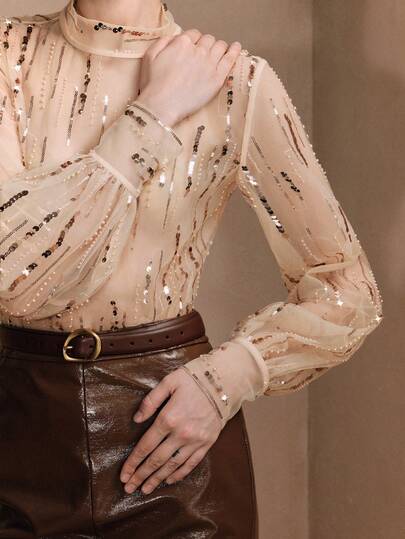 Arave Women's Mesh Sequined Top With Stand Collar, Straight Shoulders, Long Sleeves, And Sheer Design , Modern Party Style Blouse For Women Party Valentine's Day Holiday For Women