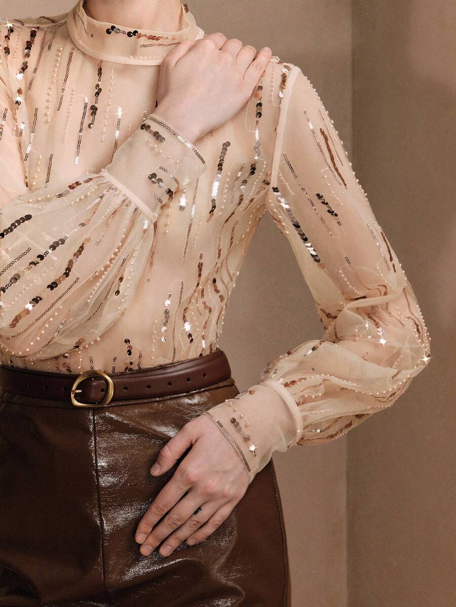 Arave 女士网纱亮片上衣，立领，直肩，长袖，透视设计，现代派对风格女式衬衫，适合派对、情人节等节日穿着。 - 香檳色 - 查看 1