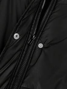 SHEIN Clasi 冬季加大码纯色人造毛皮拼接连帽长袖棉服外套 - 黑色 - 查看 3