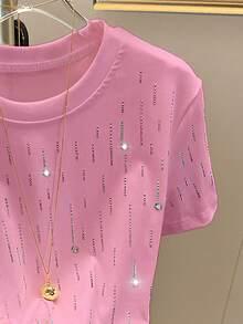Resyla Shiny Beaded + Rhinestone Embellished Women's Regular Short Sleeve Crew Neck T-Shirt - Pink - View 3