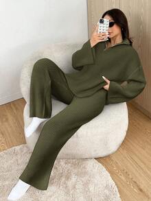 SHEIN EZwear Bộ đồ thường ngày cho nữ, áo len dài tay trễ vai màu trơn có khóa kéo nửa và quần dệt kim, thu/đông - Màu xanh Ô liu - Xem 3