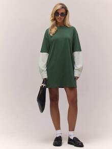 MUSERA Đầm thun ngắn tay kẻ sọc dáng rộng nhiều lớp, phong cách cổ điển, dễ thương, đồng quê, nhà tranh, thích hợp mặc đi học, màu vàng bơ. - Màu xanh lá cây đậm - Xem 1