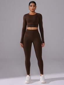 Eassivo Eassivo Ensemble de sport sans couture pour femmes avec t-shirt à manches raglan de couleur unie et leggings taille haute - Multicolore - Voir 5