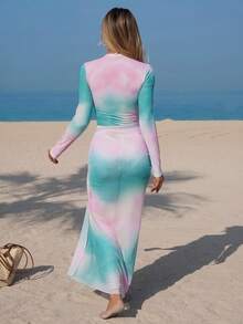 Swim Mulvari Bộ đồ bơi 3 mảnh in họa tiết nhiều màu phong cách Trung Đông mới dành cho nữ kèm quần dài và váy maxi lưới, thời trang giản dị, bảo thủ, bán chạy tại khu nghỉ dưỡng bãi biển - Nhiều màu - Xem 3