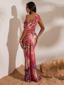 Opulessa Women's Leopard Print Asymmetric Hem Fitted Top And Fish Tail Midi Skirt 2 Pieces Set