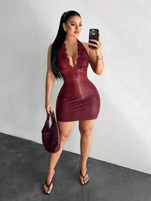 SHEIN SXY Đầm ôm sát cổ chữ V sâu phối ren tương phản dành cho nữ - Màu Đỏ Sâu - Xem 5