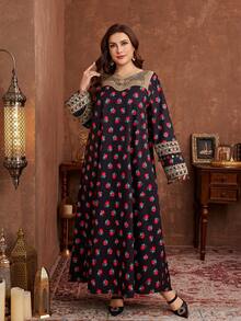 Al Najma Plus Size Long Sleeve Maxi A-Line Dress, Floral Lace Patchwork, Casual & Elegant Arabic Style For Women - Multicolor - View 5