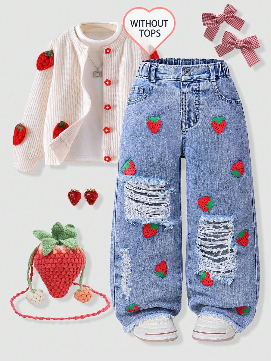 SHEIN ChillGRL 年轻女孩浅蓝色草莓印花破洞阔腿牛仔裤 - 中等水洗藍 - 查看 1