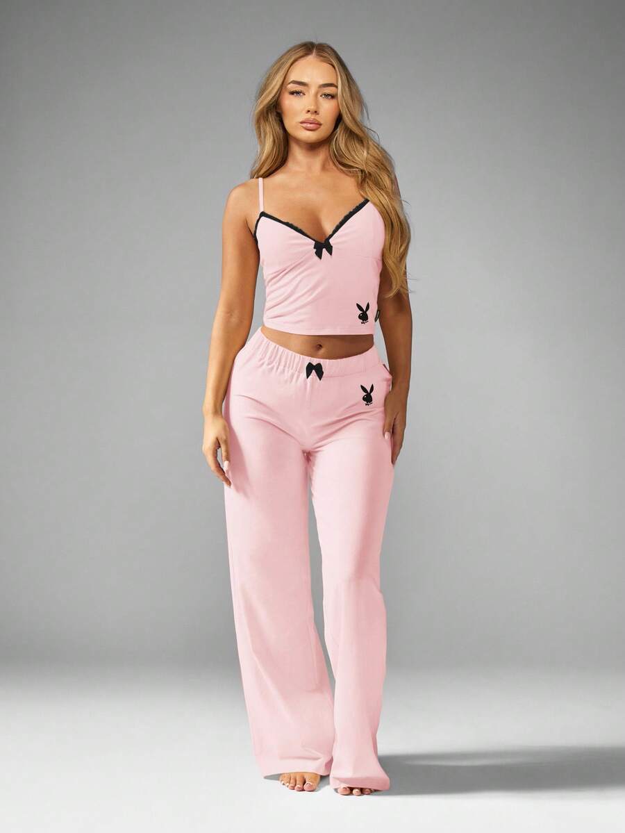 Missguided x Playboy Christmas Lace Cami Top And Trouser Pajama Set - Pink - View 1