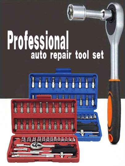 1 set med 32 delar, 1 set med 46 delar professionell verktygslåda för bilreparation: Bärbar, hållbar och lättanvänd spärrnyckelsats - Lämplig för bil-, båt-, motorcykelreparation, industriell reparation i hemmet - Inklusive resväska