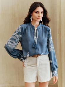 Anewsta Women's Vintage Roman Embroidery Lace Patchwork Embroidered Floral Trim Peter Pan Collar Long Sleeve Blouse, Suitable For Valentine's Day, Women's Day, Mother's Day - Blue - View 7