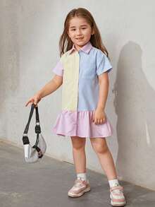 SHEIN Toddler Girls Vertical Striped Colourblock Dual Pocket Ruffle Hem Smock Dress - Multicolor - View 3