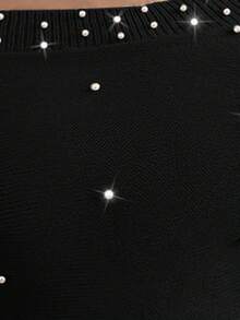 Elenzga 大码优雅船领串珠灯笼袖毛衣连衣裙 - 黑色 - 查看 3