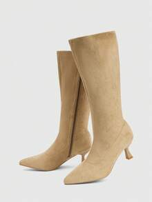 SHEIN BAE Herbst/Winter 2025 Neue Spitze Zehen Schlank Hoher Absatz Oberschenkel Hohe Stiefel, Knopf Patchwork Umkehrbares Design für Frauen - Khaki - Übersicht 5