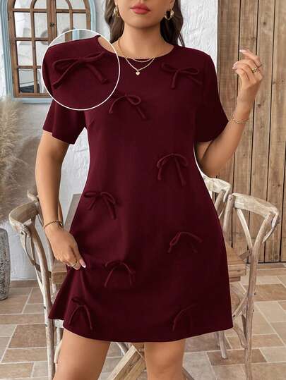 SHEIN LUNE Plus Size Bow Decor Casual Dress For Commuting, Summer 4th Of July White Graduation