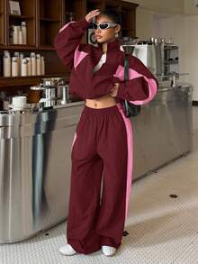 Muchica 两件套女士运动撞色拉链外套和阔腿裤宽松版型套装 - 彩色 - 查看 4