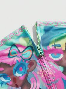 ROMWE Anime Top corto de camisola con cremallera delantera y estampado de niña lindo y divertido para mujer - Verde - Ver 3