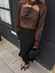 Siren Gaze Áo sơ mi nữ màu nâu khoét nút kim loại, hàng mới về mùa thu/đông - màu nâu - Xem 3