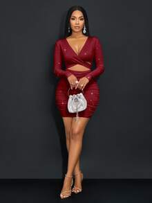 SOLERSUN Women's Solid Color Cross Wrap Hollow Shoulder Fitted Bodycon Long Sleeve Dress Fall Cloth For Women - Burgundy - View 7