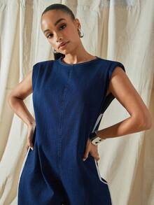 Vixey Fold Over Cuffed Hem Contrast Stripe Padded Shoulder Sleeveless Wide Leg Denim Jumpsuit - Dark Wash - View 3