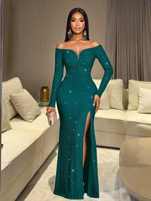 SOLERSUN Women's Fashionable Elegant V-Neck Off Shoulder Mermaid Hem Cocktail Party Night Club Bodycon Sexy Dress, Suitable For Christmas Party Vacation & Dating - Dark Green - View 9