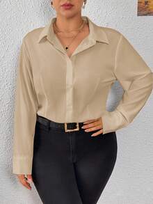 SHEIN PETITE CURVE Women Plus Size Casual Business Solid Color Long Sleeve Bodysuit, Versatile, For Autumn, For Winter - Apricot - View 4