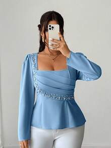 Elenzga Blusa elegante y romántica de manga larga, cuello cuadrado, cintura ceñida y decoración de perlas para mujer talla grande, para primavera/otoño - Azul - Ver 4