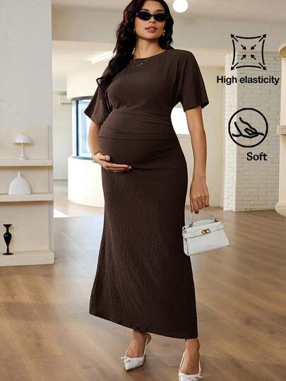 MaterniWear 优雅纯色孕妇长款连衣裙，短袖设计