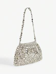 SHEIN BAE 1 件时尚奢华闪亮银色镂空扁平珠串珠包，带褶皱云朵女士单肩包，适合参加晚宴和时尚活动以及赠送朋友 - 銀色 - 查看 3