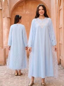 女童传统阿拉伯风格优雅长袍，网纱罩衫，蕾丝领口花卉图案，适合外出、派对、庆典等场合 - 两件套 - 藍色 - 查看 8