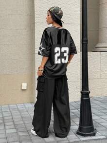 SHEIN EZwear 女式夏季运动字母印花T恤和工装裤两件套 - 黑色 - 查看 2